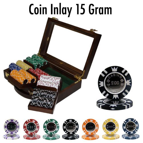 300 Count Walnut Pre-Packaged - Coin Inlay 15 Poker Chip Set