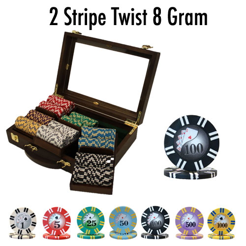 300 Count - Custom Breakout - Poker Chip Set - 2 Stripe Twist 8 G - Walnut