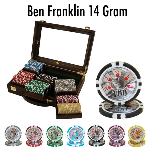 300 Count - Custom Breakout - Poker Chip Set - Ben Franklin 14 G - Walnut