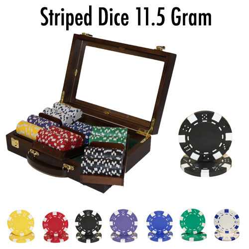300 Count - Custom Breakout - Poker Chip Set - Striped Dice 11.5 G - Walnut