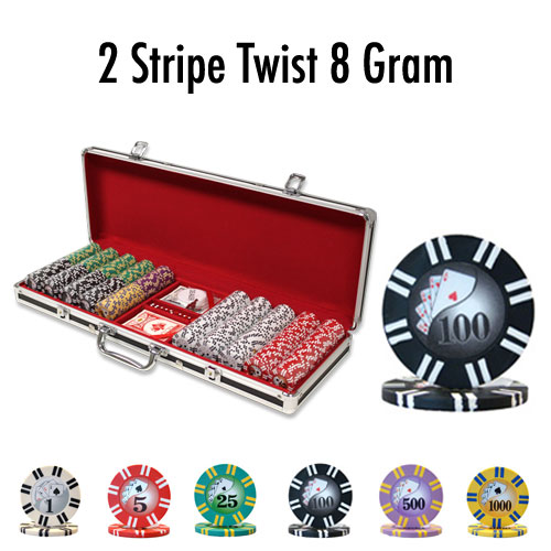 500 Count - Pre-Packaged - Poker Chip Set - 2 Stripe Twist 8 G - Black Aluminum