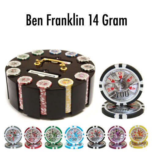 300 Count - Pre-Packaged - Poker Chip Set - Ben Franklin 14 G Wooden Carousel