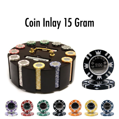 300 Count - Pre-Packaged - Poker Chip Set - Coin Inlay 15 Gram - Wooden Carousel