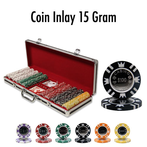 500 Count - Pre-Packaged - Poker Chip Set - Coin Inlay 15 G - Black Aluminum