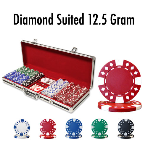 500 Count - Pre-Packaged - Poker Chip Set - Diamond Suited 12.5 G Black Aluminum