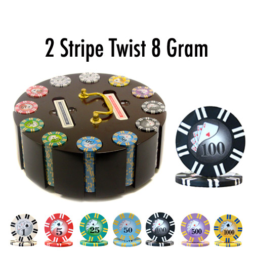 300 Count - Custom Breakout - Poker Chip Set - 2 Stripe Twist - Wooden Carousel