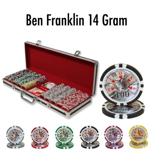 500 Count - Custom - Poker Chip Set - Ben Franklin 14 G - Black Aluminum