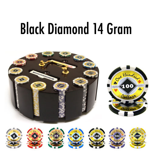 300 Count - Custom - Poker Chip Set - Black Diamond 14 G - Wooden Carousel