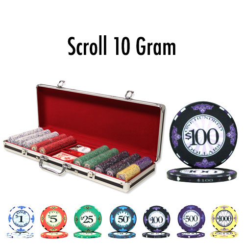 500 Count - Custom Breakout - Poker Chip Set - Scroll 10 G - Black Aluminum