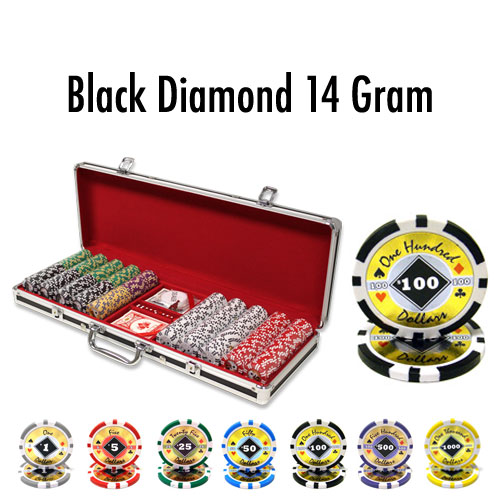 500 Count - Pre-Packaged - Poker Chip Set - Black Diamond 14 G - Black Aluminum