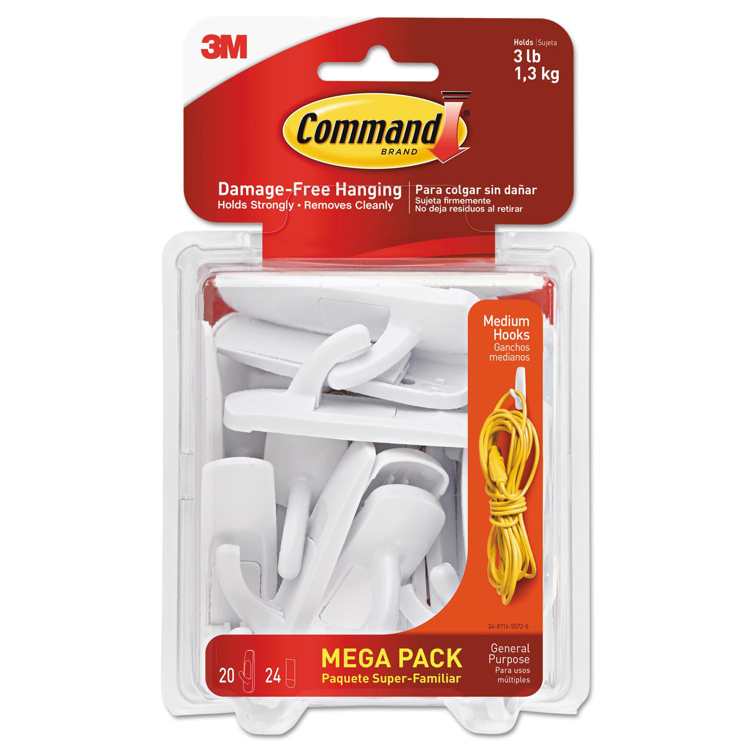 Command Medium Utility Hook Mega Pack - 3 lb (1.36 kg) Capacity - for Multipurpose, Paint, Wood, Tile - White - 20 / Pack