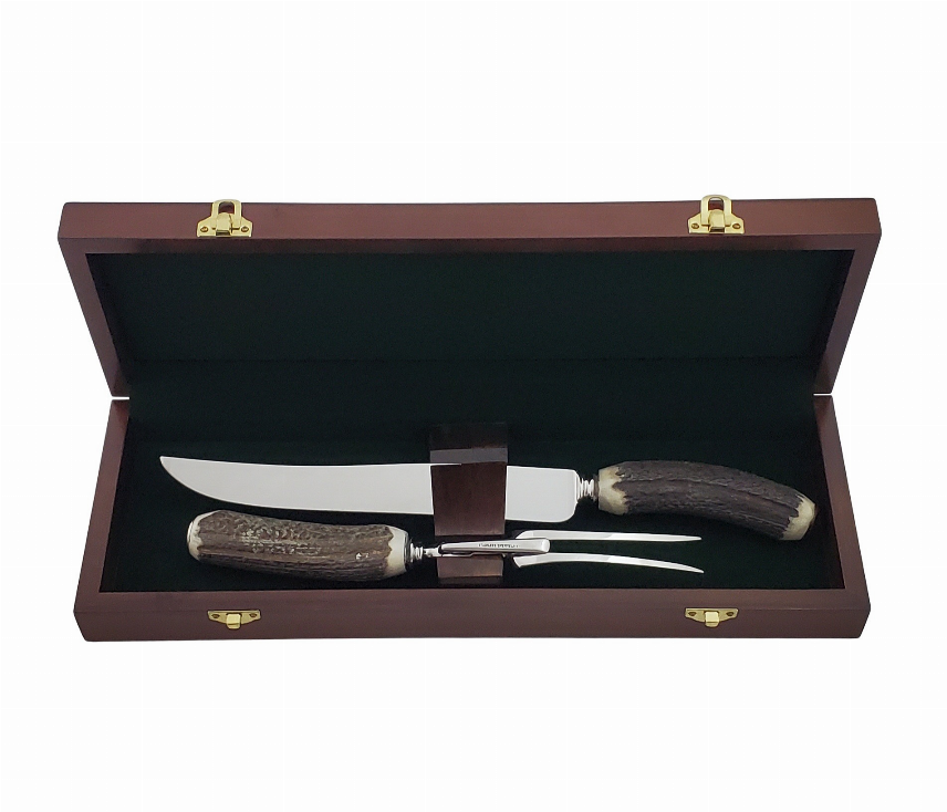 2-Piece Stag Carving Set in Wooden Box. Stainless Blade