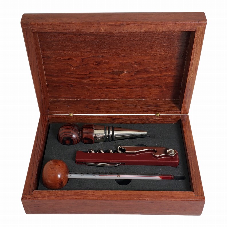 3-Rosewood Wine Set, Thermometer, Wine Stopper & Fold Out Corkscrew with Knife and Can Opener At