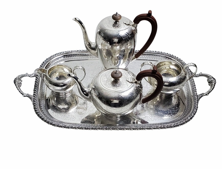5 Piece Engraved Tea & Coffee Set With Matching Tray English Silver Plate C1900