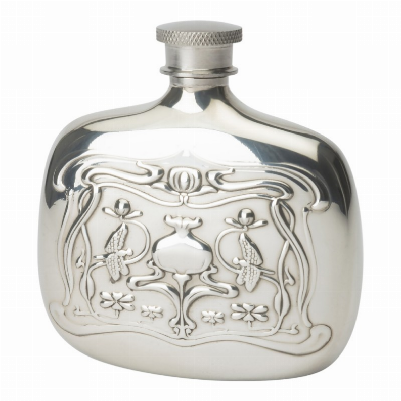 Art Nouveau English Pewter Bottle Flask