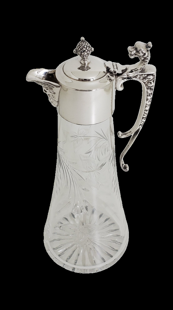 Claret jug English Plain mount etched glass griffin handle