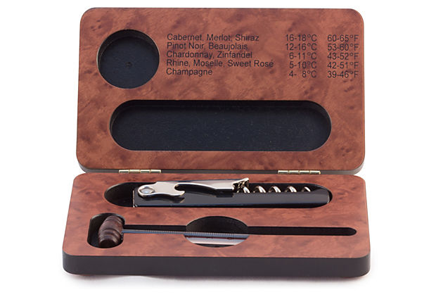 Corkscrew & Thermometer in Wood Box 6.75" x 4"