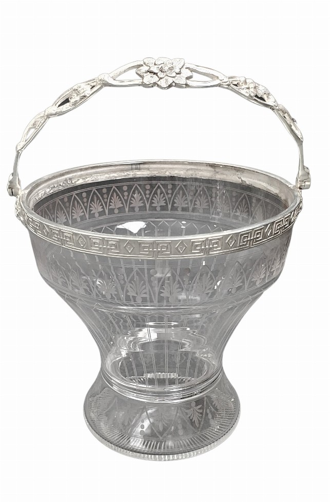 English Hand Etched Glass/Silver Plate Candy Basket c.1975