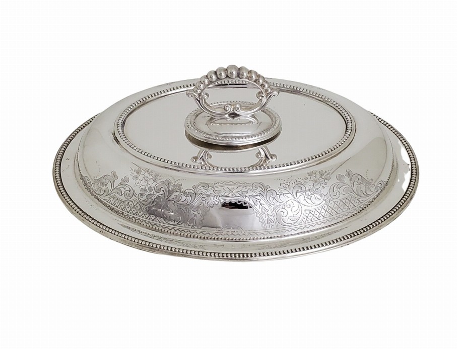 Entree Dish Oval Bead Engraved English Silver Plate c.1875