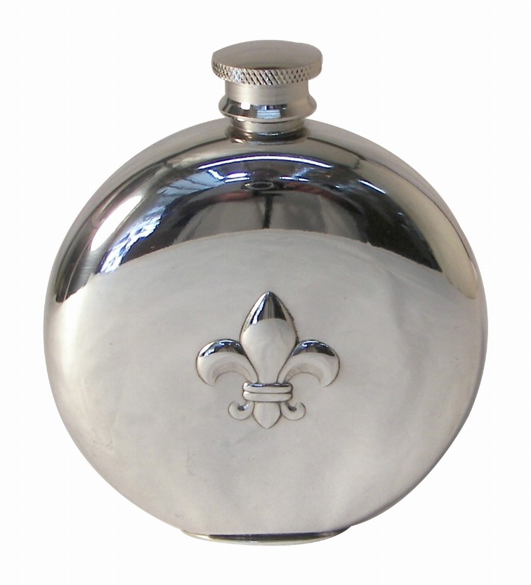 Flask   Round Shape with Fleur De Lys Design Fine English Pewter 6 oz