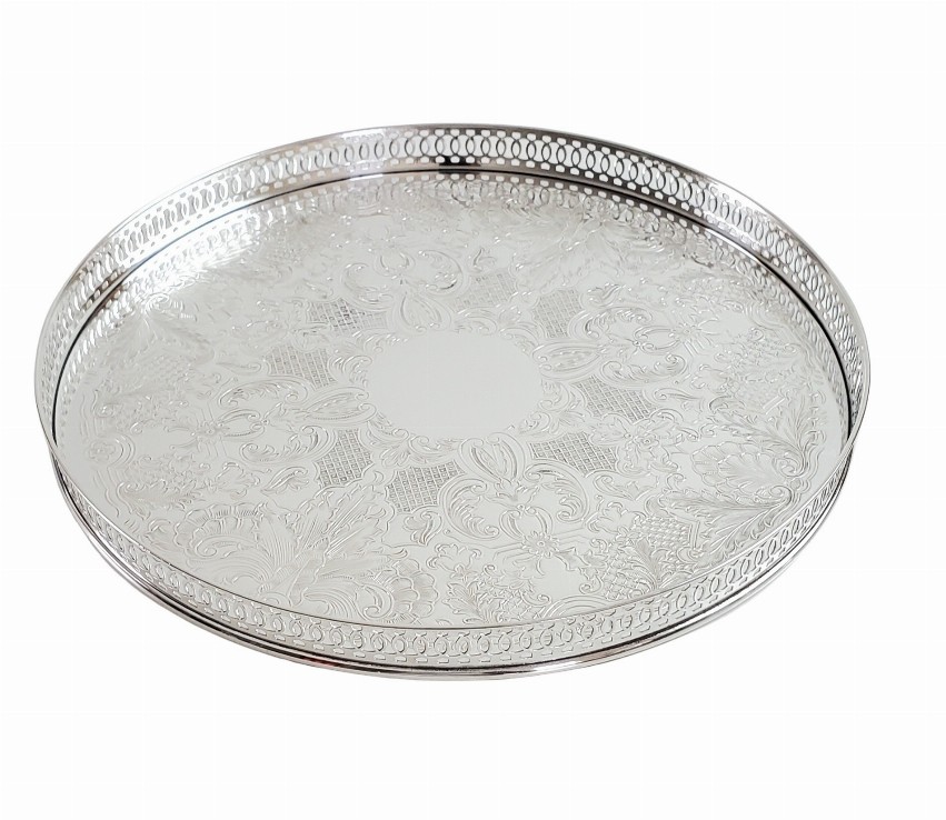 Gallery Tray 11" Engraved with 1" Pierced Gallery English Silver Plate c.1950