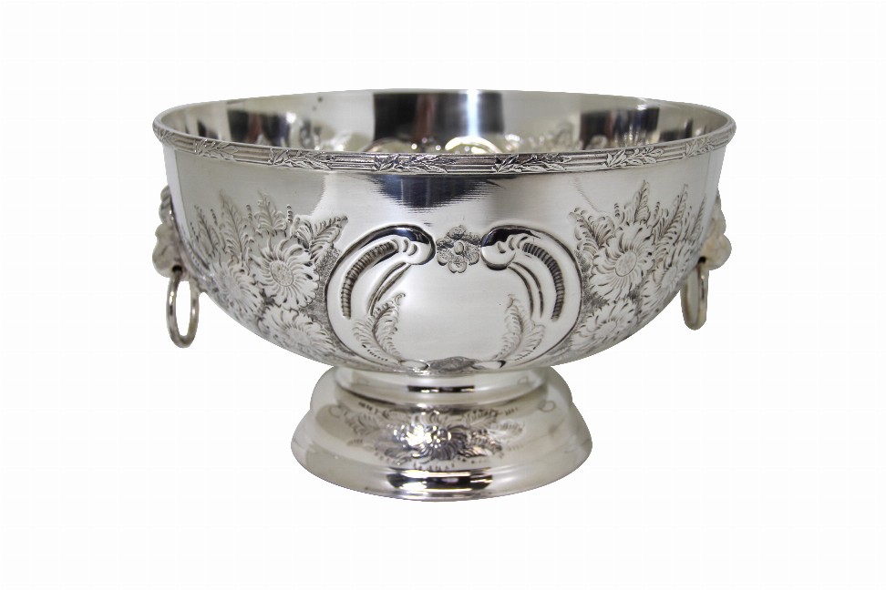 Hand Chased Bowl with Lion Mask Handles Silver Plate