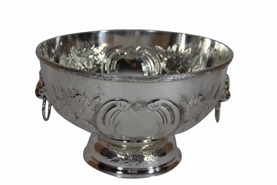Hand Chased Bowl with Lion Mask Handles Silver Plate