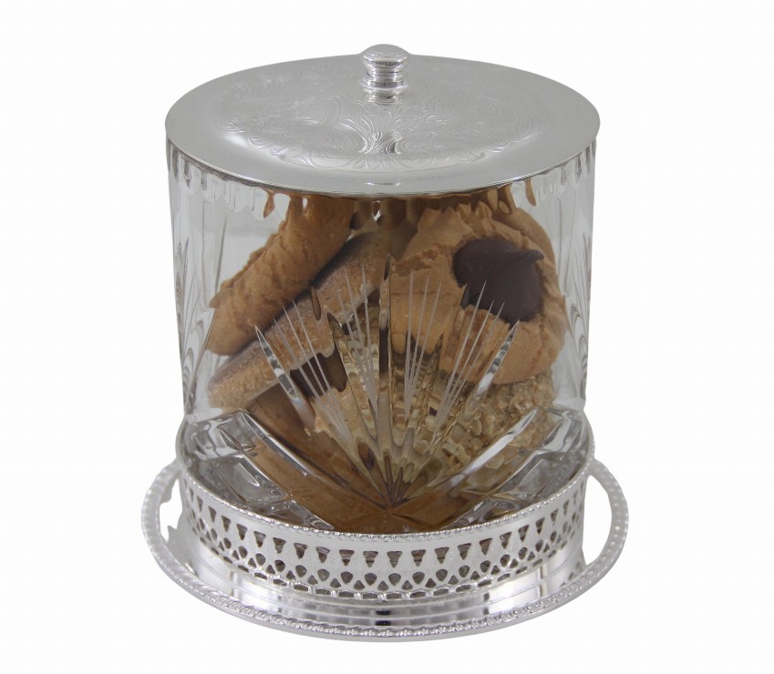 Leaf Design Cookie Jar Crystal/English Silver Plate