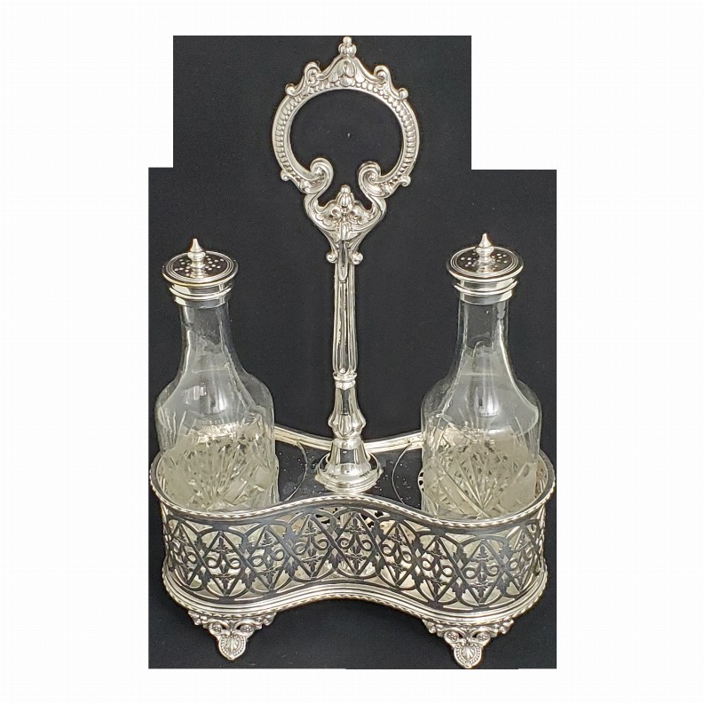 Oil and Vinegar in Frame English Silver Plate c. 1870