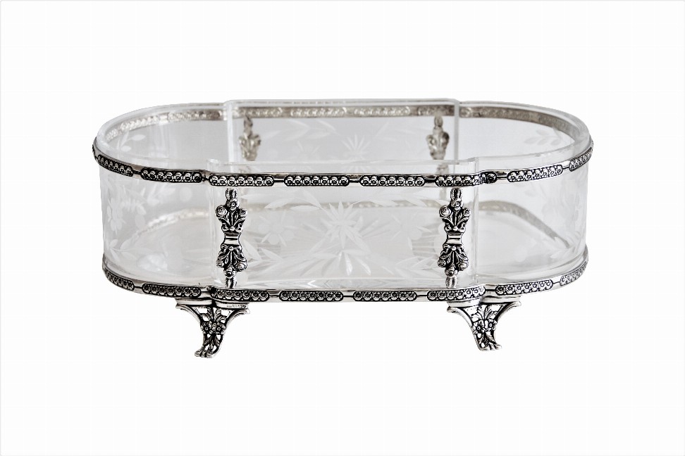 Oval Sterling Dish with Etched Glass Insert & Sterling Frame