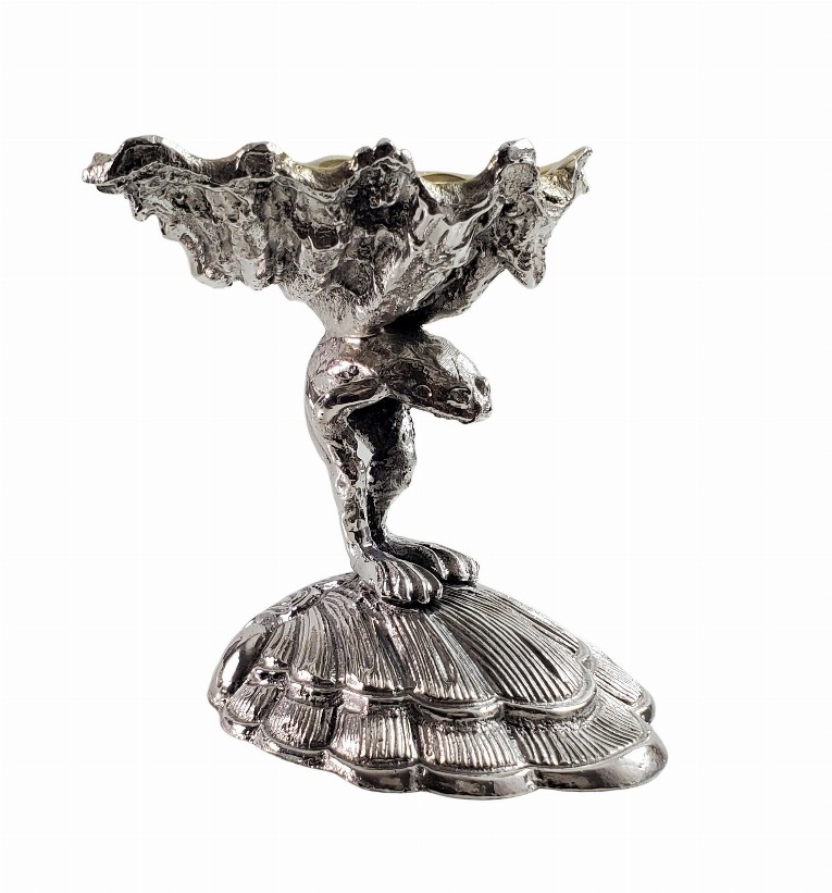 Salt Frog Standing on top of shell Bent Forward Holding an Oyster Shell Silver Plate