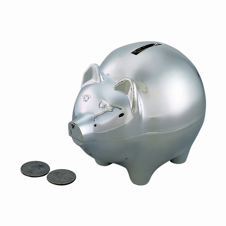 Pig Bank, Large, Nickel Plated 4" H X 3.25" W X 5"