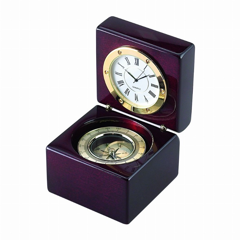 Square Wood Box with Clock & Compass, 2.75"
