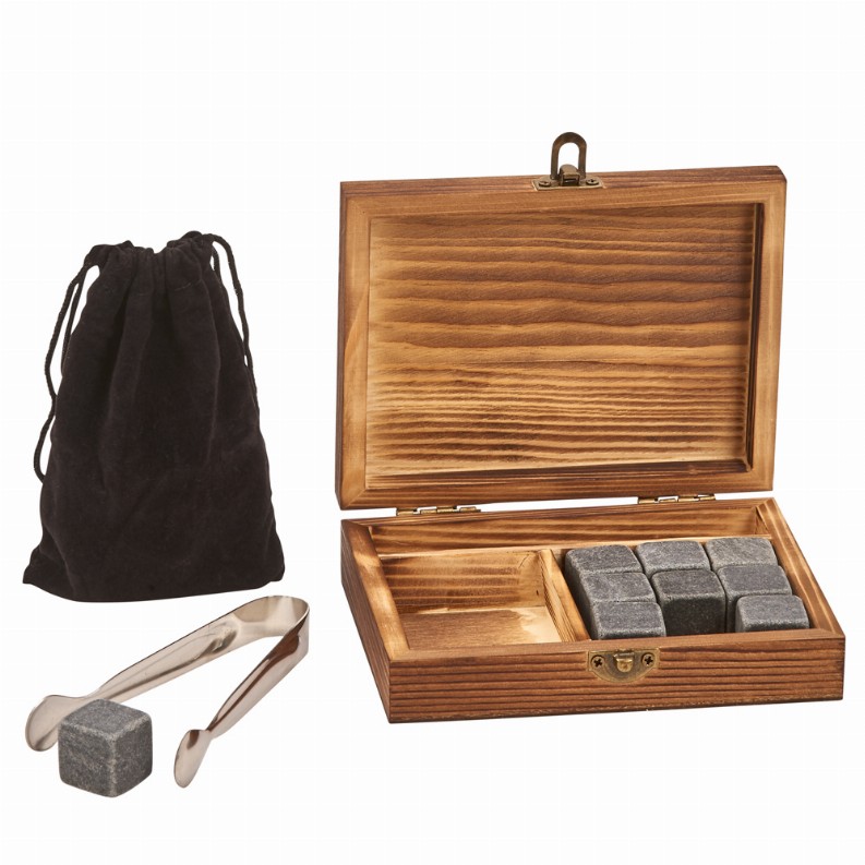 Wood Box with Tongs, 9 Whiskey Stones & Pouch