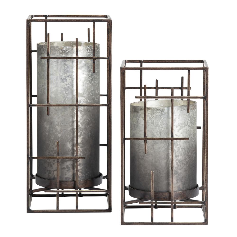 Crestview Collection Sutter Ombre Smoked Glass Hurricane Set, Charcoal & Pewter, Metal & Glass