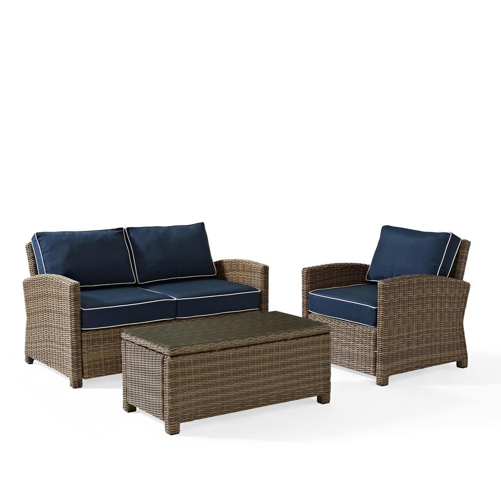 Bradenton 3Pc Outdoor Wicker Conversation Set Navy/Weathered Brown - Loveseat, Arm Chair, & Coffee Table