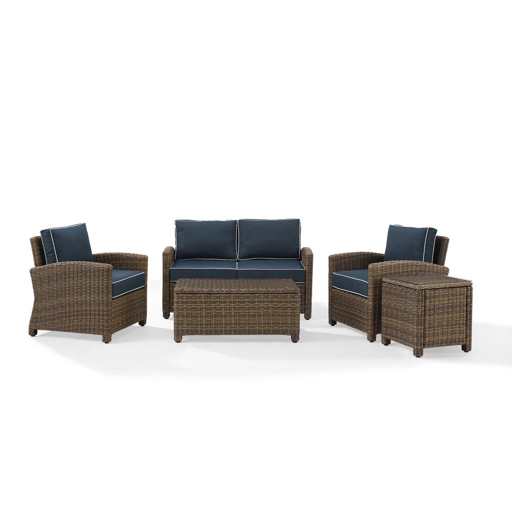 Bradenton 5Pc Outdoor Wicker Conversation Set Navy/Weathered Brown - Loveseat, Side Table, Coffee Table, & 2 Armchairs
