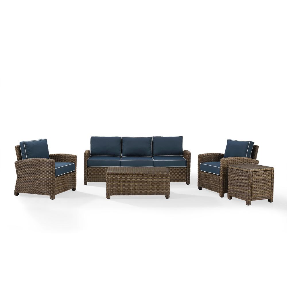 Bradenton 5Pc Outdoor Wicker Sofa Set Navy/Weathered Brown - Sofa, Side Table, Coffee Table, & 2 Armchairs