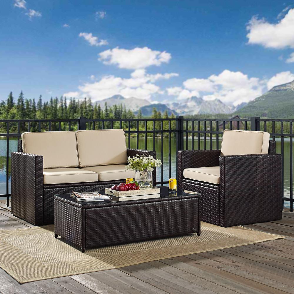 Palm Harbor 3Pc Outdoor Wicker Conversation Set Sand/Brown - Loveseat, Chair, & Coffee Table