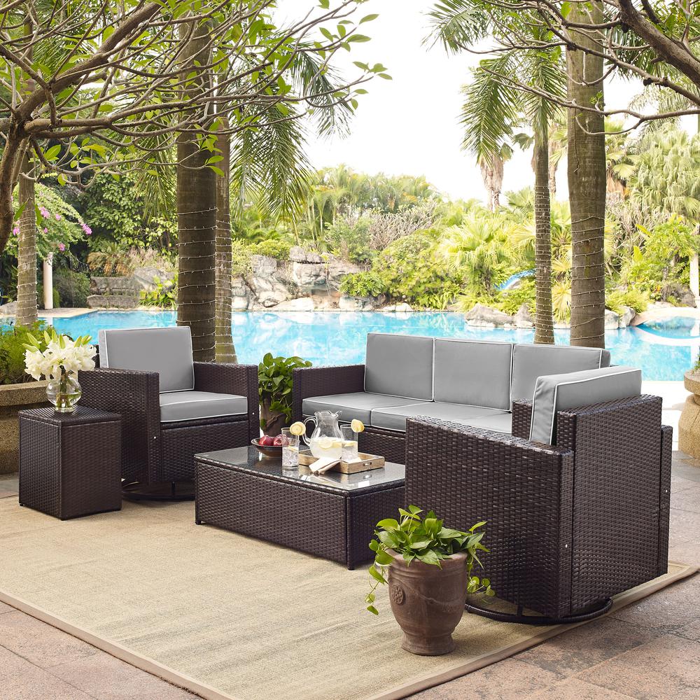 Palm Harbor 5Pc Outdoor Wicker Sofa Set Gray/Brown - Sofa, Side Table, Coffee Table, & 2 Swivel Chairs