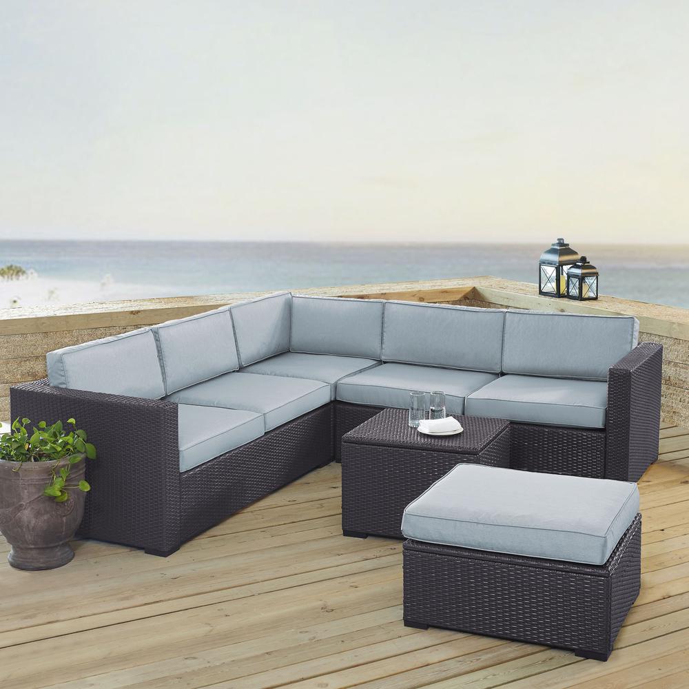 Biscayne 5Pc Outdoor Wicker Sectional Set Mist/Brown - Corner Chair, Coffee Table, Ottoman, & 2 Loveseats