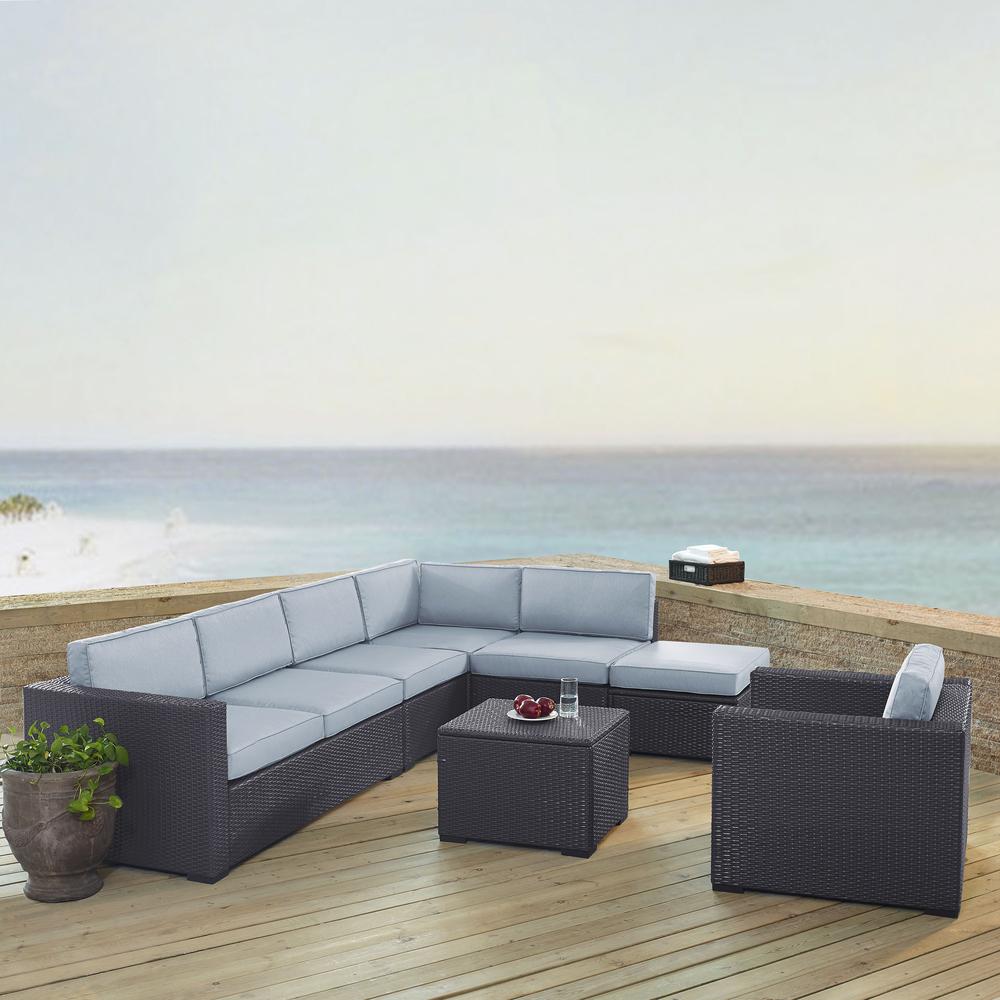 Biscayne 6Pc Outdoor Wicker Sectional Set Mist/Brown - Armless Chair, Arm Chair, Coffee Table, Ottoman, & 2 Loveseats