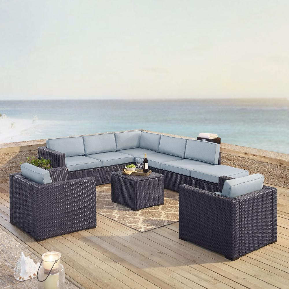 Biscayne 7Pc Outdoor Wicker Sectional Set Mist/Brown - Armless Chair, Coffee Table, Ottoman, 2 Loveseats, & 2 Arm Chairs