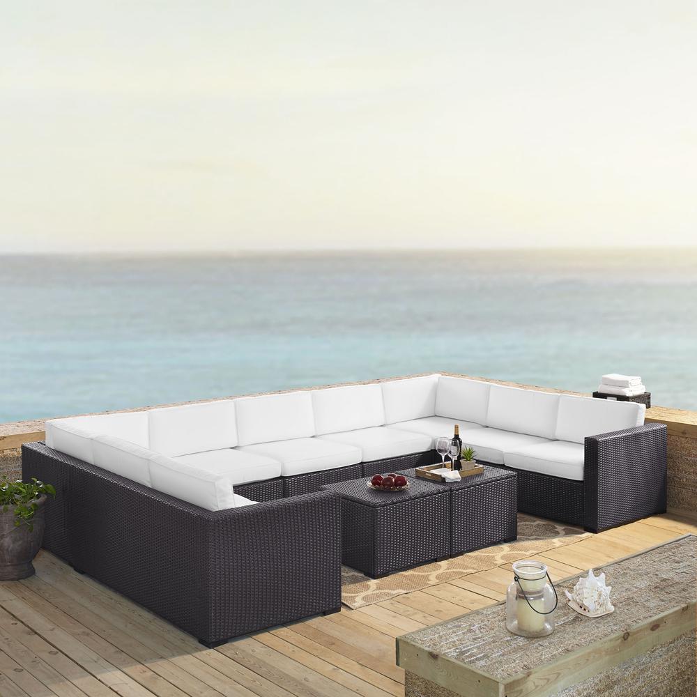 Biscayne 7Pc Outdoor Wicker Sectional Set White/Brown - Armless Chair, 4 Loveseats, & 2 Coffee Tables