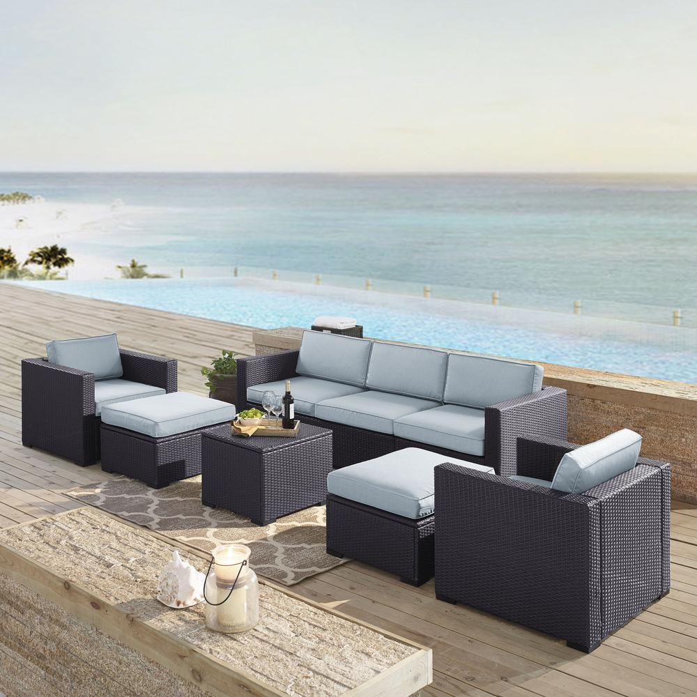 Biscayne 7Pc Outdoor Wicker Sectional Set Mist/Brown - Loveseat, Corner Chair, Coffee Table, 2 Arm Chairs, & 2 Ottomans