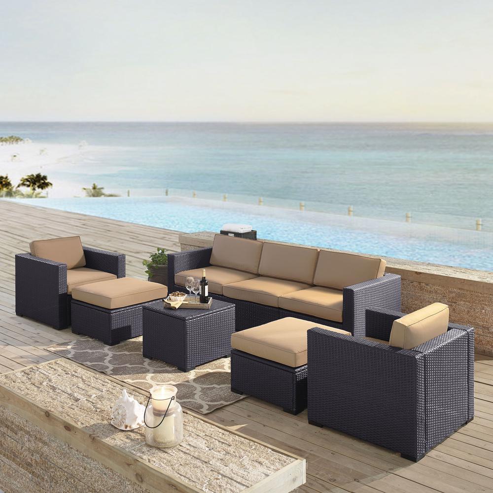 Biscayne 7Pc Outdoor Wicker Sectional Set Mocha/Brown - Loveseat, Corner Chair, Coffee Table, 2 Arm Chairs, & 2 Ottomans