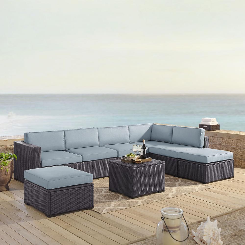 Biscayne 6Pc Outdoor Wicker Sectional Set Mist/Brown - Armless Chair, Coffee Table, 2 Loveseats, & 2 Ottomans