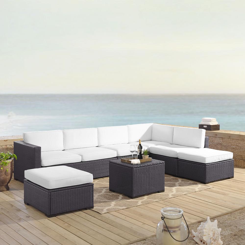 Biscayne 6Pc Outdoor Wicker Sectional Set White/Brown - Armless Chair, Coffee Table, 2 Loveseats, & 2 Ottomans