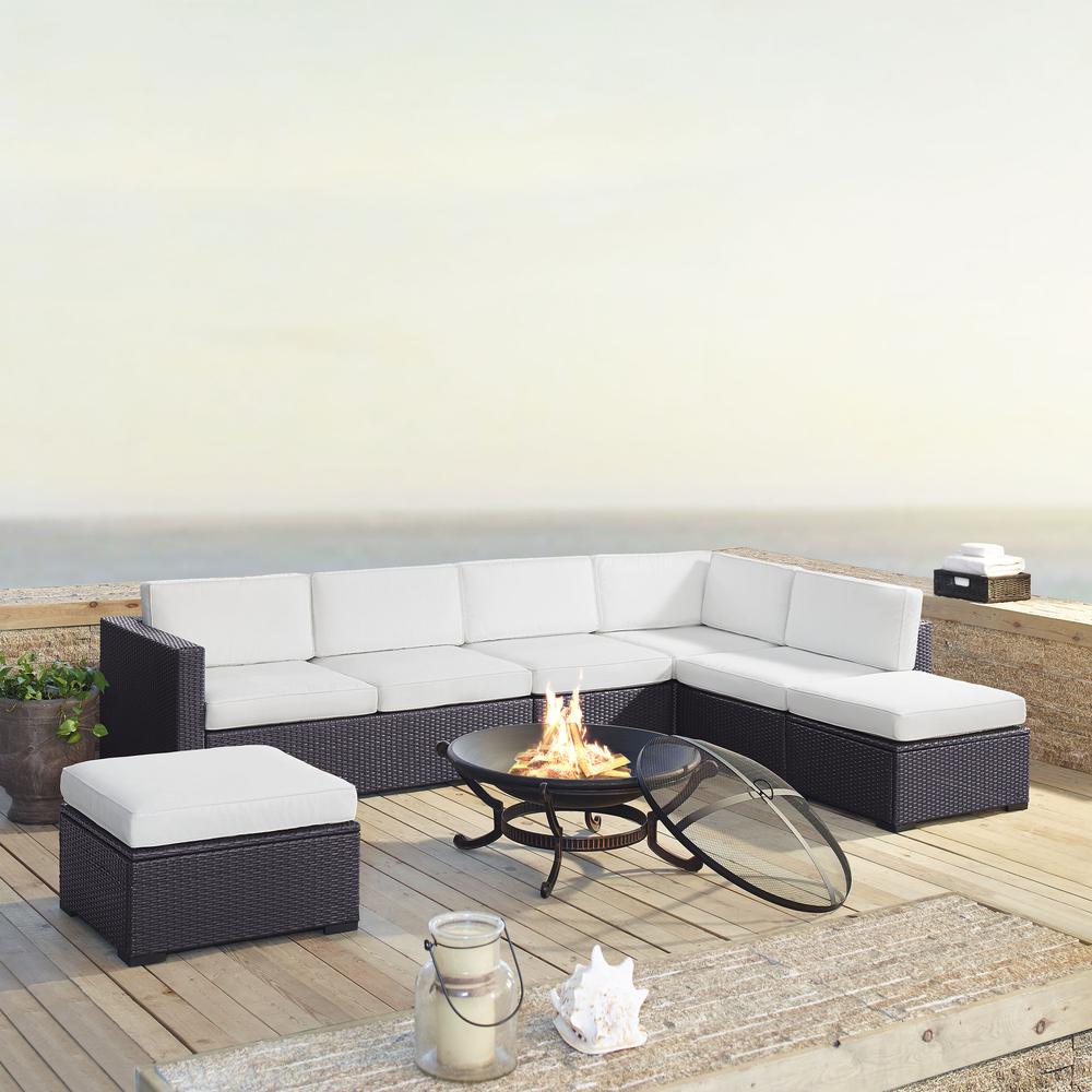 Biscayne 6Pc  Outdoor Wicker Sectional Set W/Fire Pit White/Brown - Ashland Firepit, 2 Loveseats,  Armless Chair, & 2 Ottomans