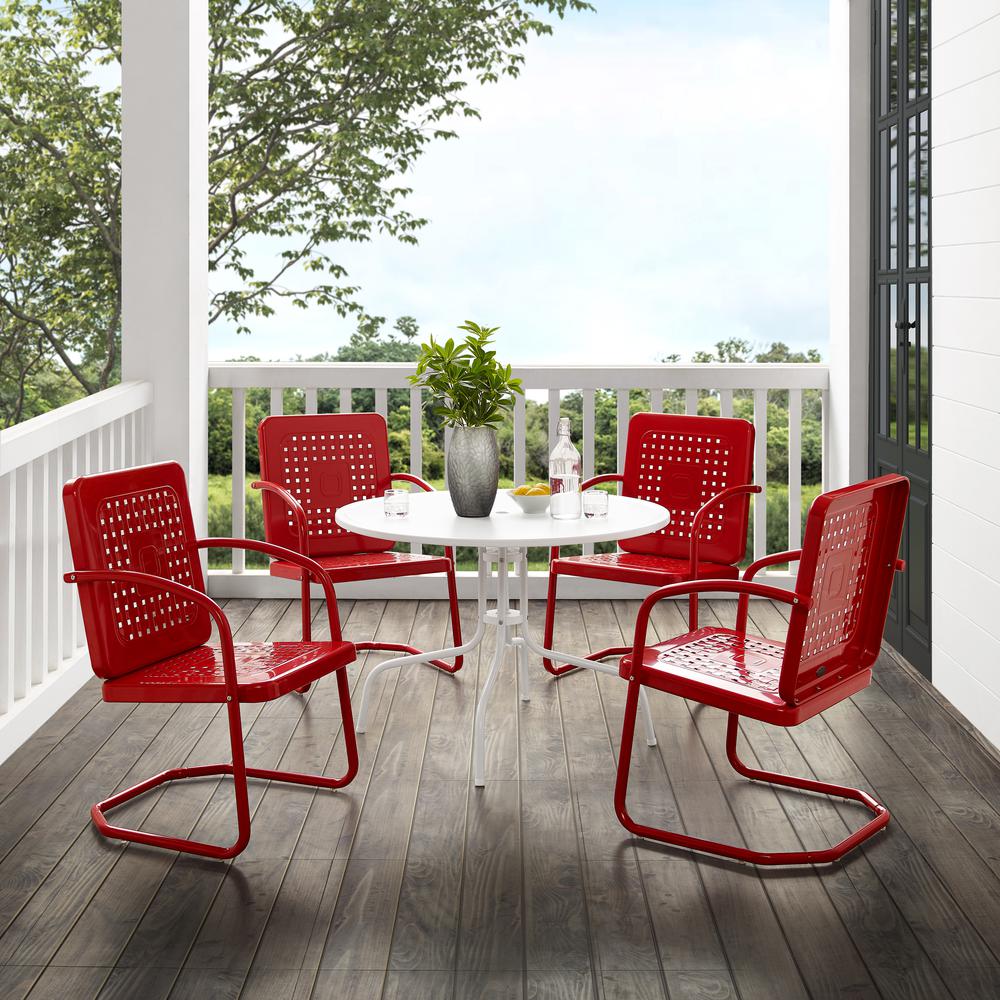 Bates 5Pc Outdoor Metal Dining Set Bright Red Gloss /White Satin - Dining Table & 4 Armchairs